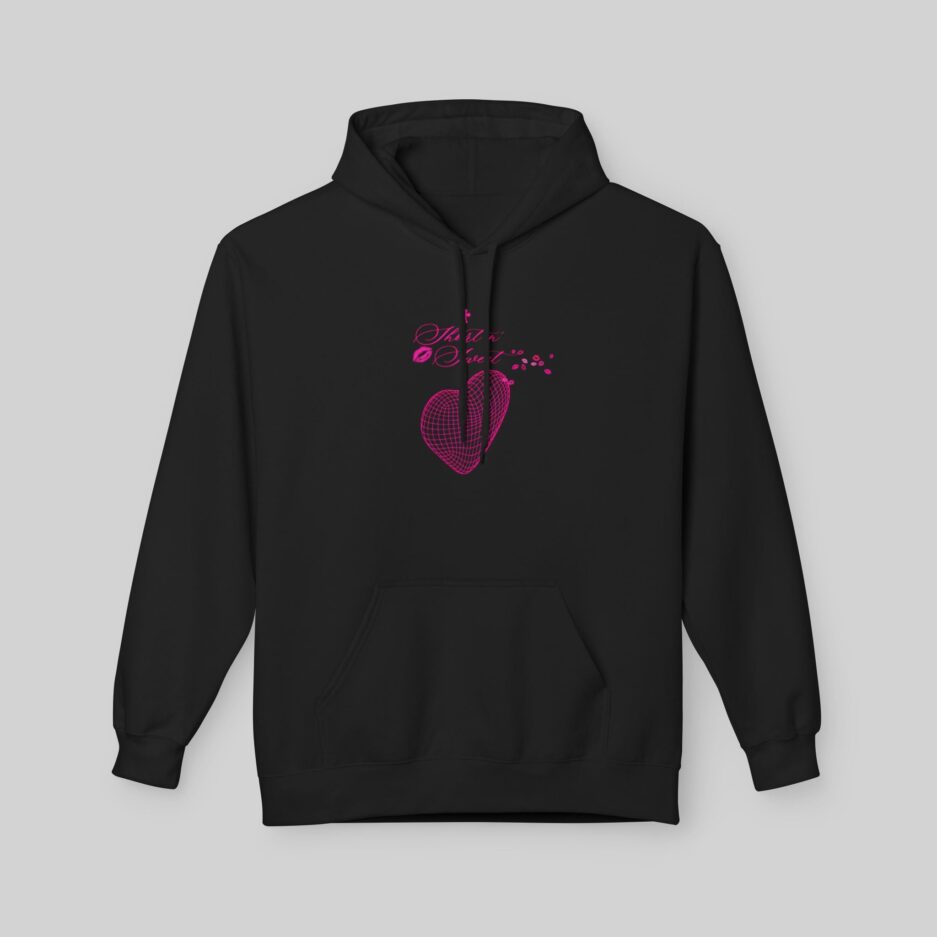 Black Sabrina Carpenter Short n' Sweet Hoodie with pink heart design on a gray background