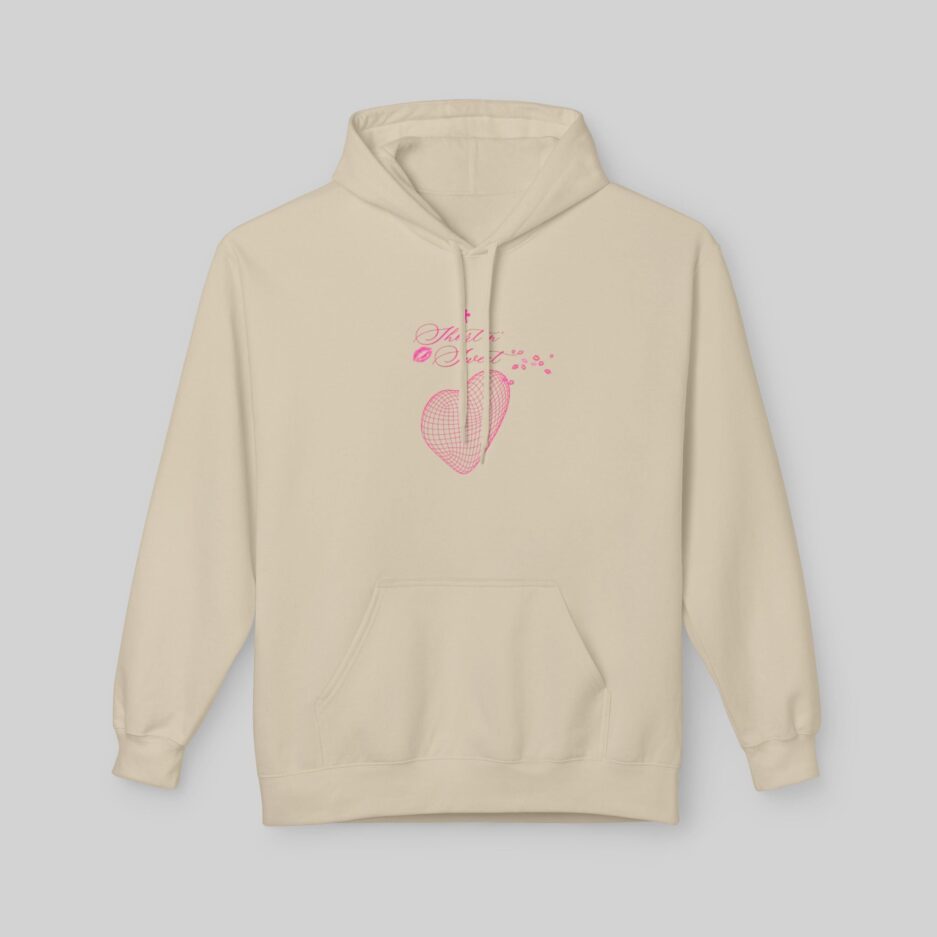 Beige Sabrina Carpenter Short n' Sweet Hoodie with pink heart design on a light gray background