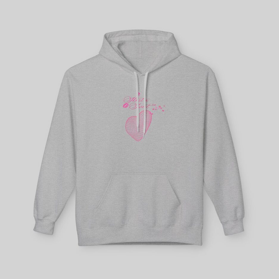 Gray Sabrina Carpenter Short n' Sweet Hoodie with pink heart design on a light gray background