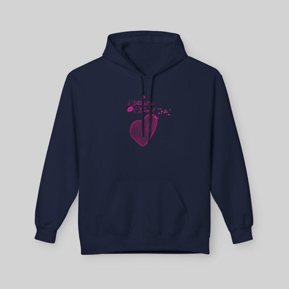 Navy blue Sabrina Carpenter Short n' Sweet Hoodie with pink heart design on a light gray background