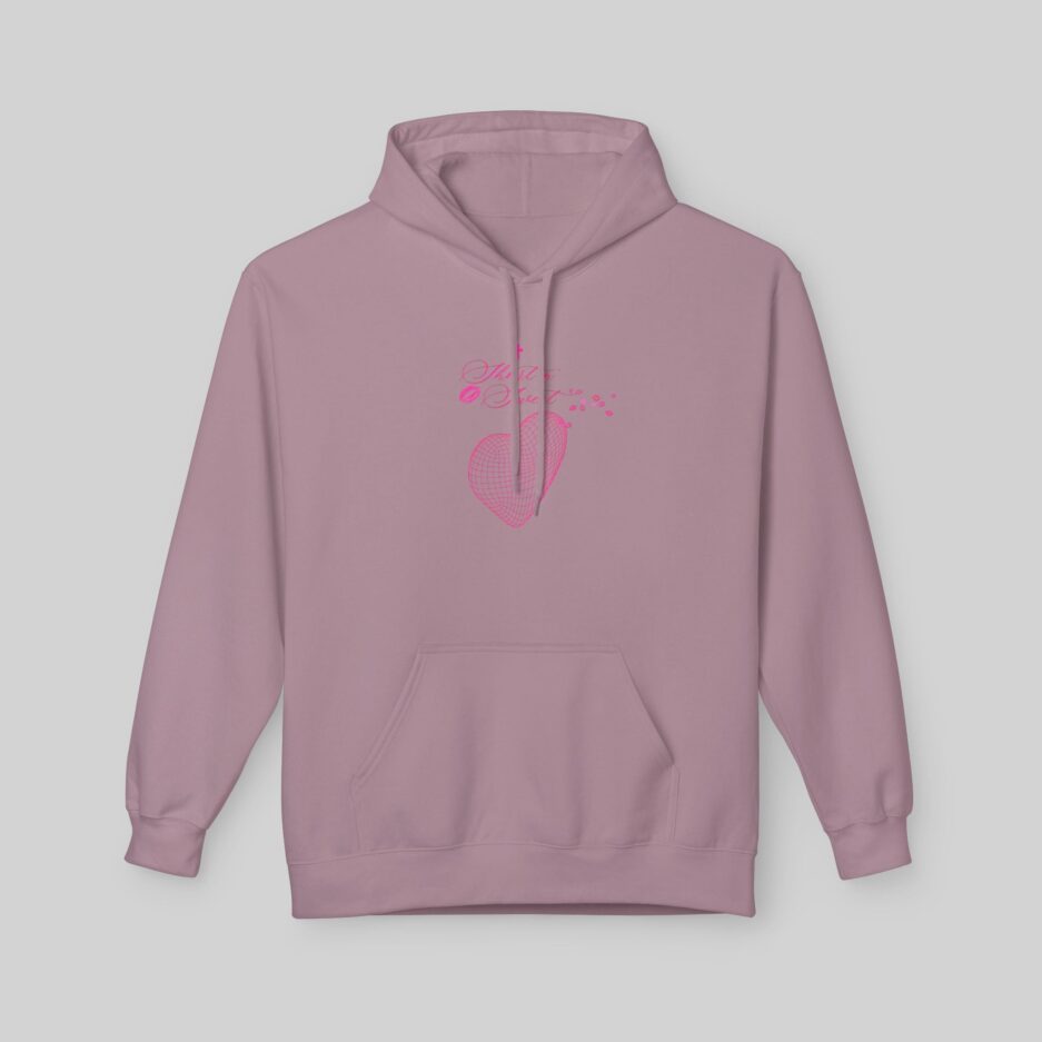 Pink Sabrina Carpenter Short n' Sweet Hoodie with a heart design on a light gray background