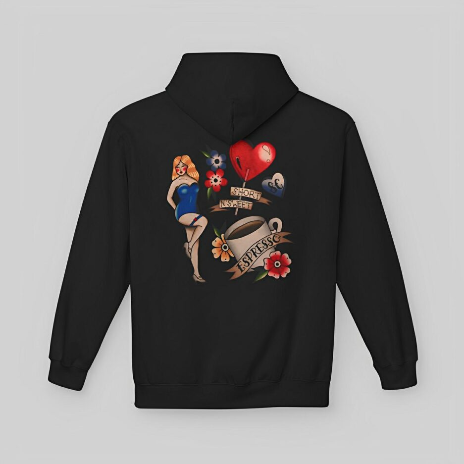 Black Sabrina Carpenter Tattoo Art Hoodie with colorful graphic design on a gray background