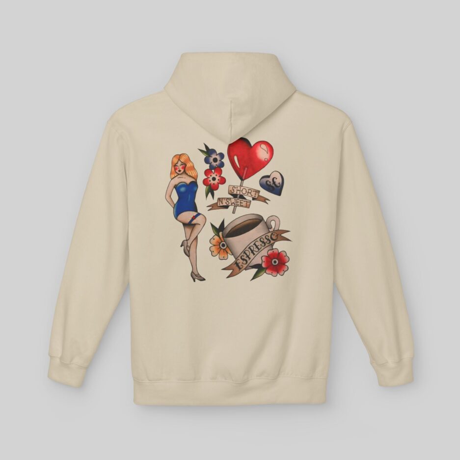 Beige Sabrina Carpenter Tattoo Art Hoodie with colorful graphics on the back against a light gray background