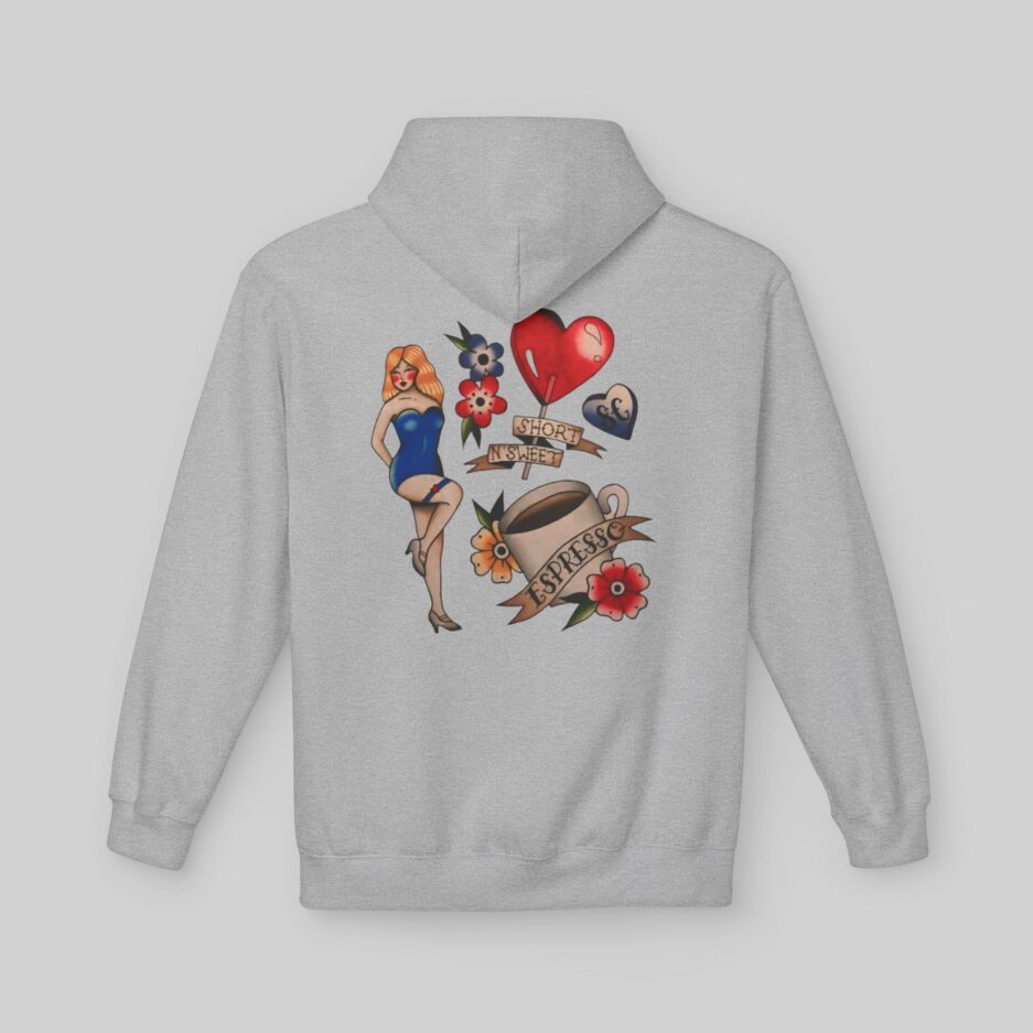 Gray Sabrina Carpenter Tattoo Art Hoodie with colorful graphic designs on the back against a light gray background