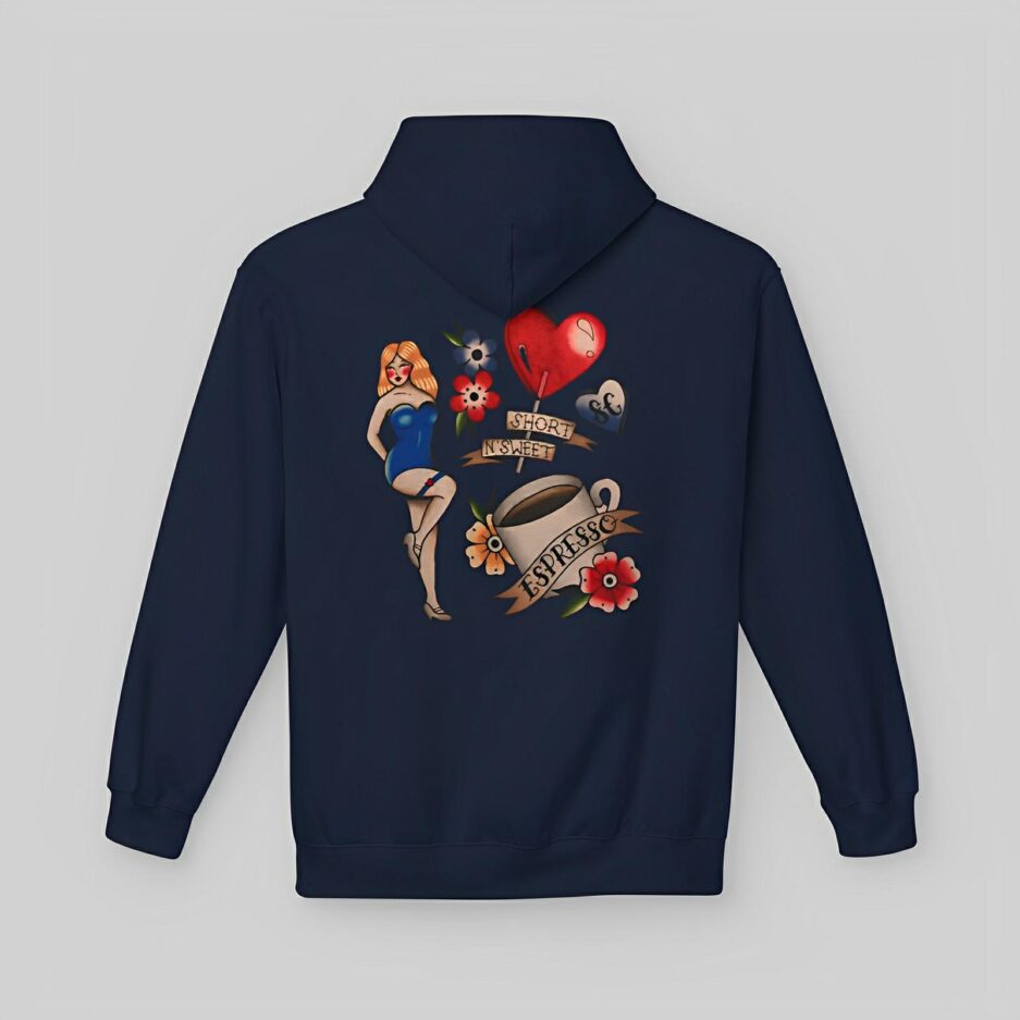 Navy blue Sabrina Carpenter Tattoo Art Hoodie with colorful graphic design on a light gray background