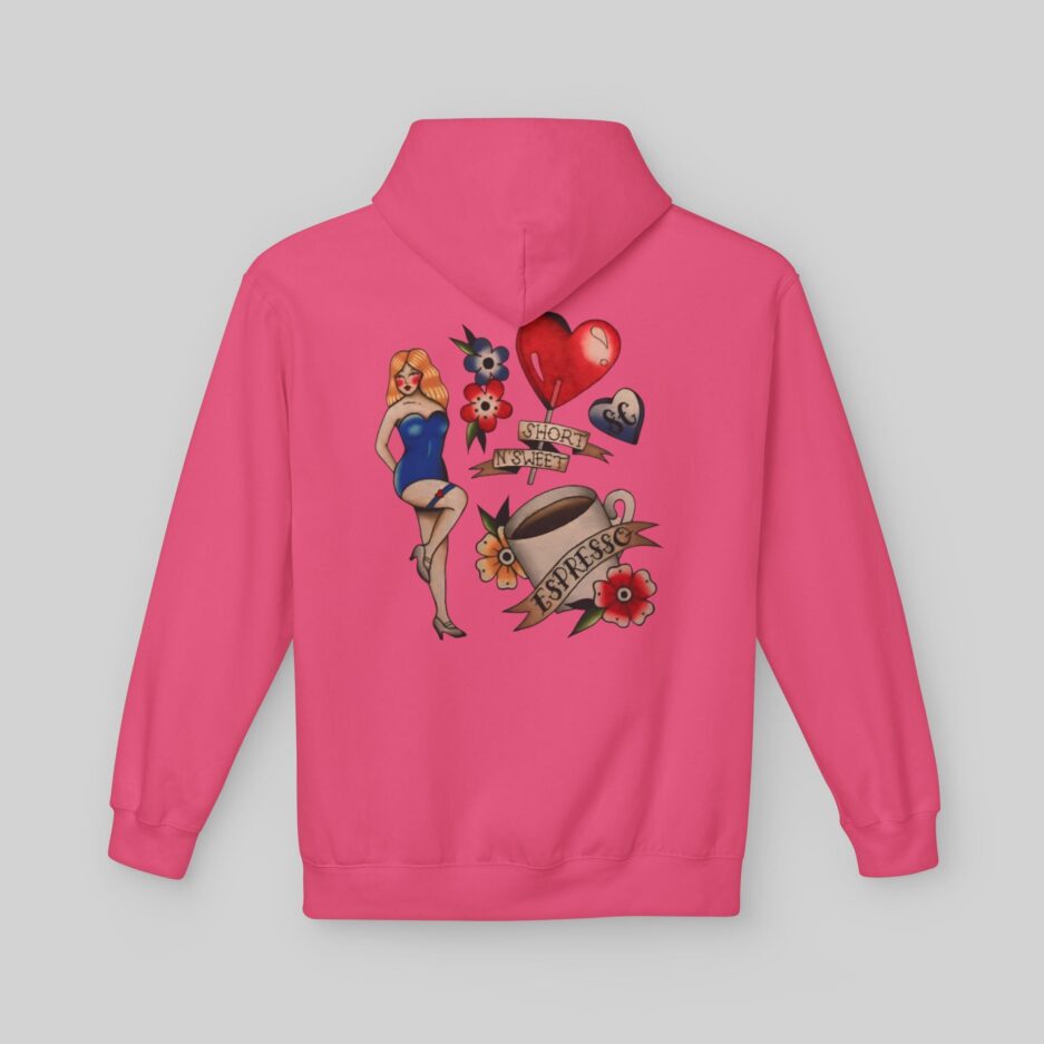 Pink Sabrina Carpenter Tattoo Art Hoodie with colorful graphics on a gray background