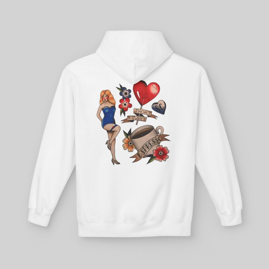 Sabrina Carpenter Tattoo Art White hoodie with colorful graphic design on a gray background