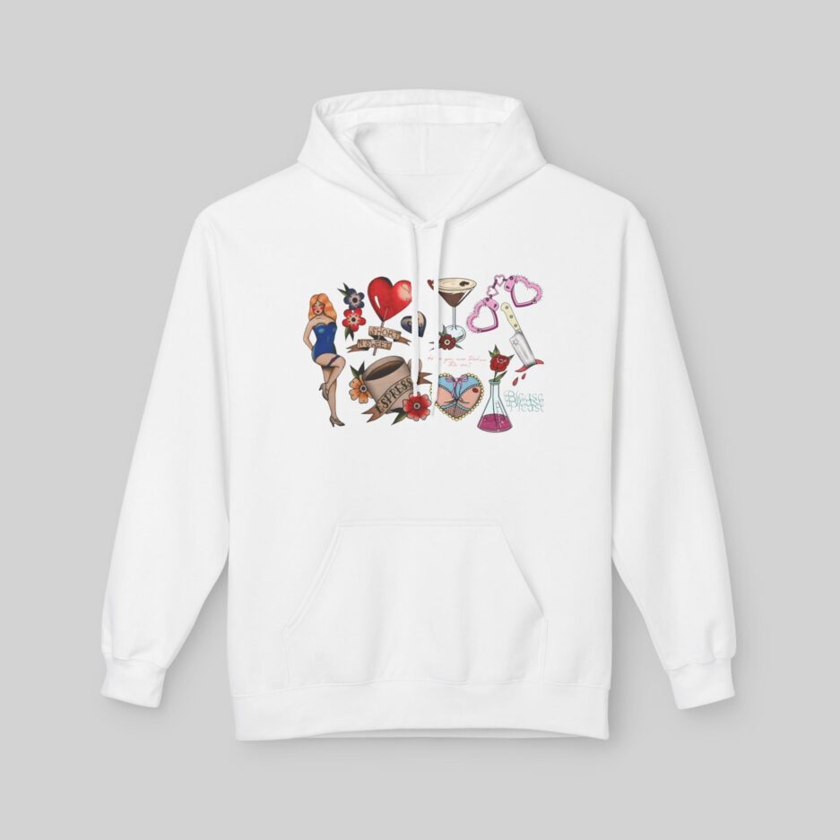 Sabrina Carpenter Tattoo Art White hoodie with colorful graphic design on a gray background