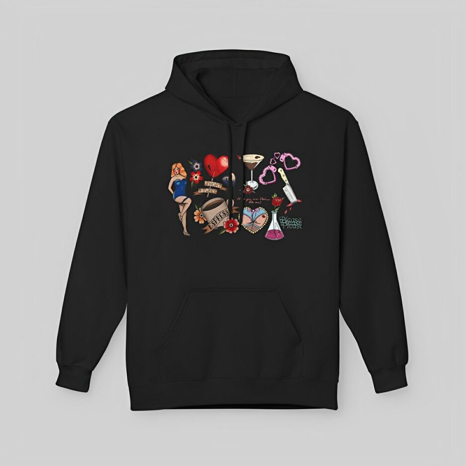 Sabrina Carpenter Tattoo Art Black hoodie with colorful graphic design on a gray background