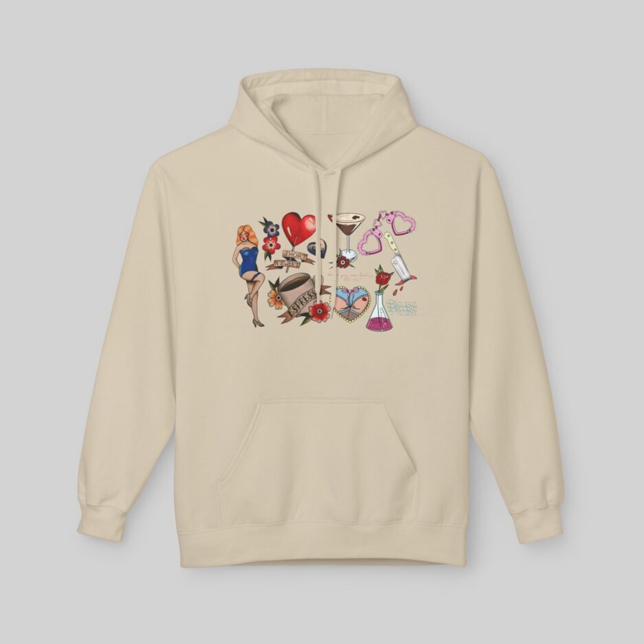 Sabrina Carpenter Tattoo Art Beige hoodie with colorful graphic design on a light gray background
