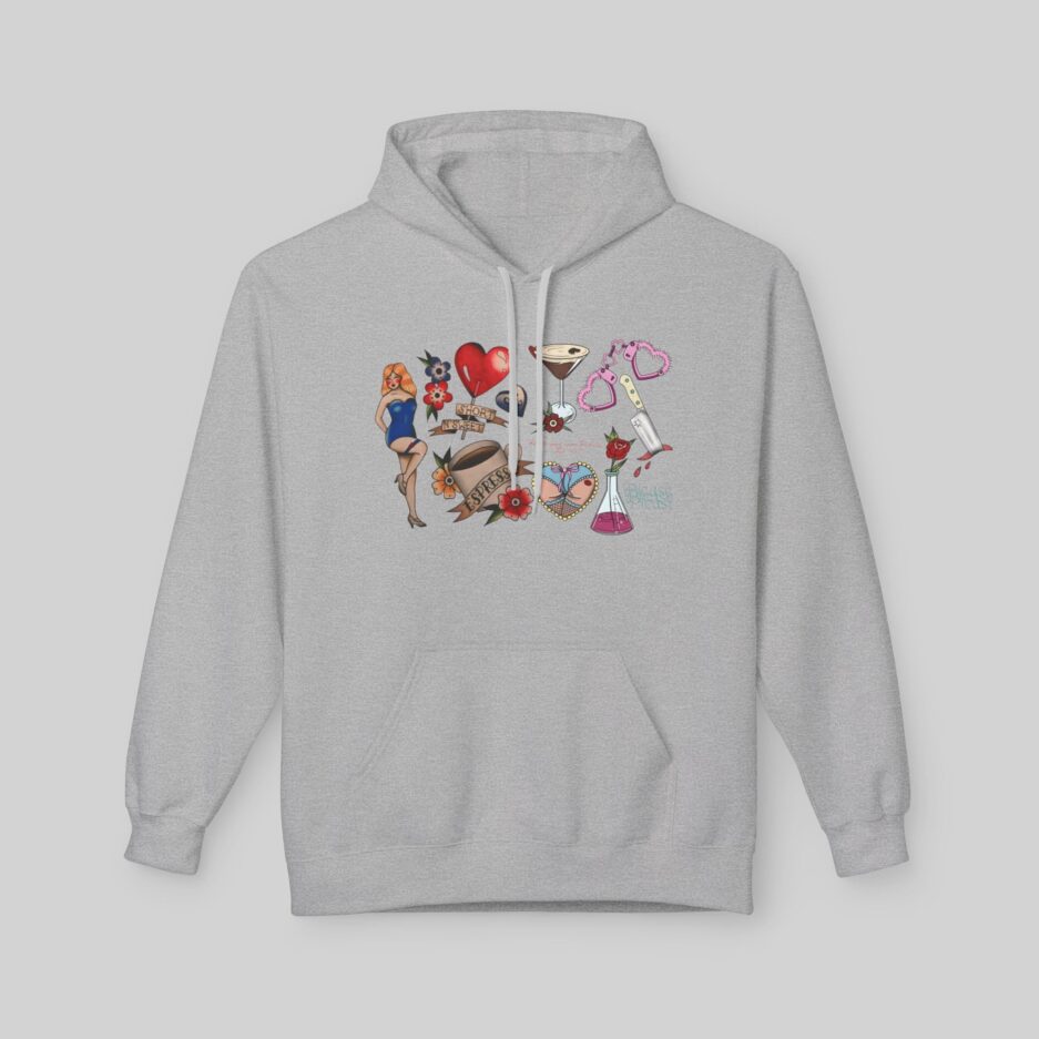 Sabrina Carpenter Tattoo Art Gray hoodie with colorful graphic design on a light gray background