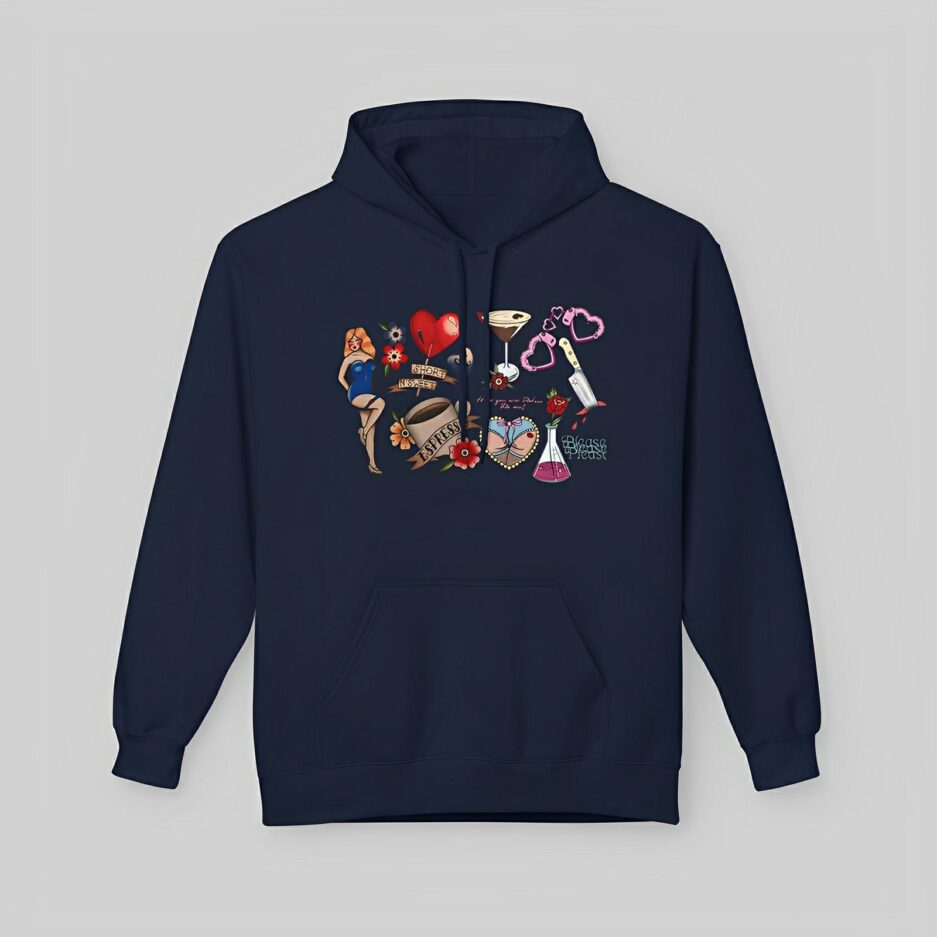 Sabrina Carpenter Tattoo Art Navy blue hoodie with colorful graphic design on a light gray background