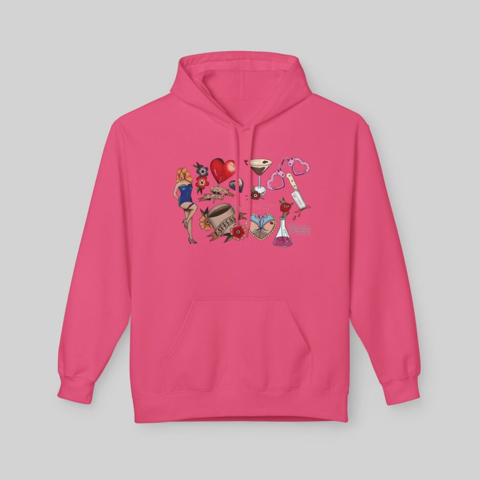 Pink Sabrina Carpenter Tattoo Art Hoodie with colorful graphic design on a gray background