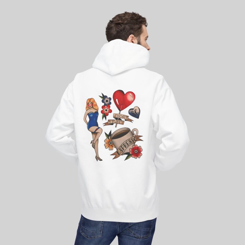 Person wearing a white Sabrina Carpenter Tattoo Art Hoodie with colorful graphics on the back against a gray background