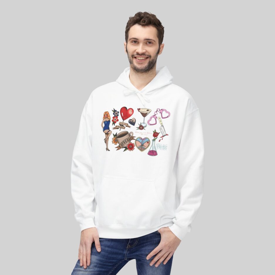Man wearing a white Sabrina Carpenter Tattoo Art Hoodie with colorful graphics on a gray background