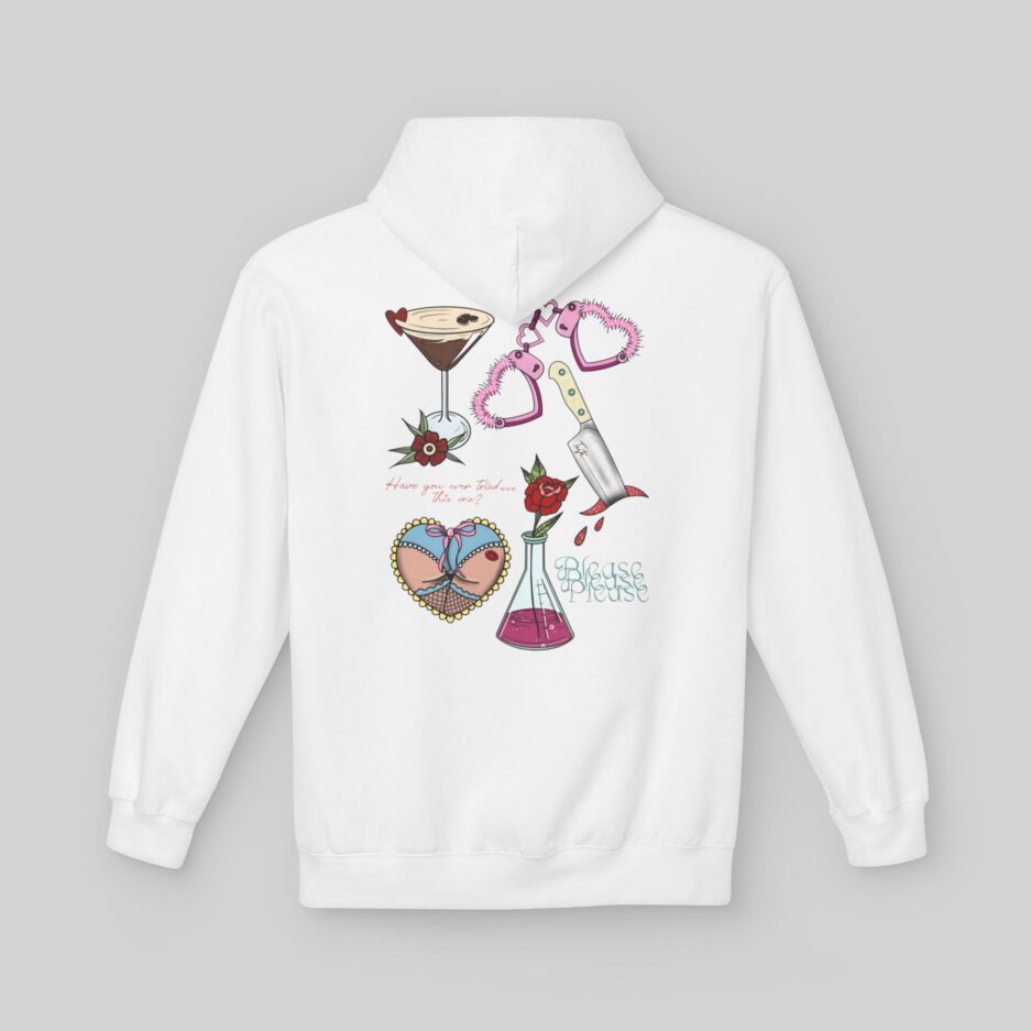 White Sabrina Carpenter Valentine's Day Hoodie with colorful graphic design on a gray background