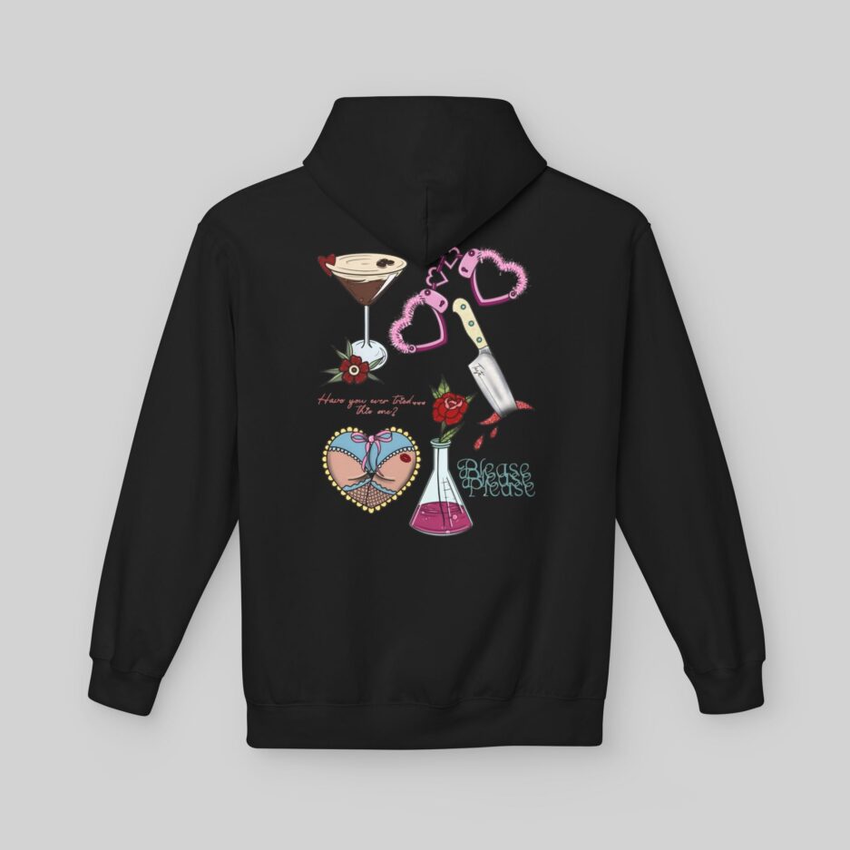 Black Sabrina Carpenter Valentine's Day Hoodie with colorful graphic design on a gray background