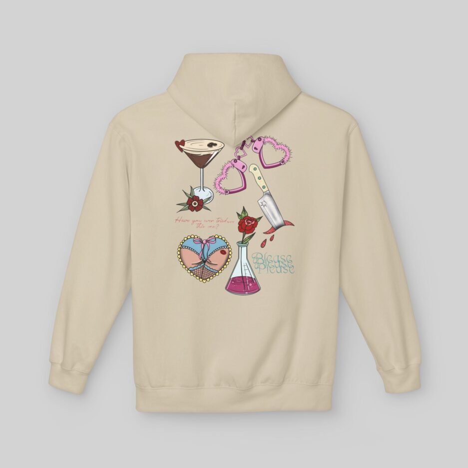 Beige Sabrina Carpenter Valentine's Day Hoodie with colorful graphic designs on a light gray background