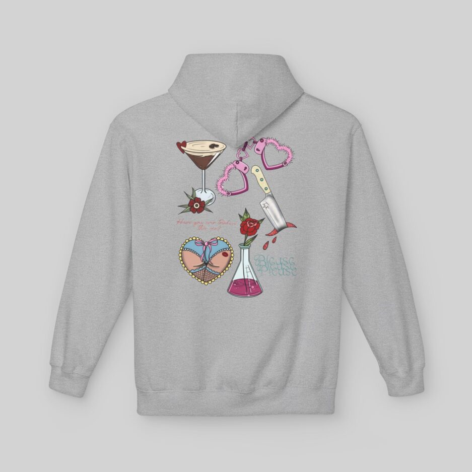 Gray Sabrina Carpenter Valentine's Day Hoodie with colorful graphic design on the back against a light gray background