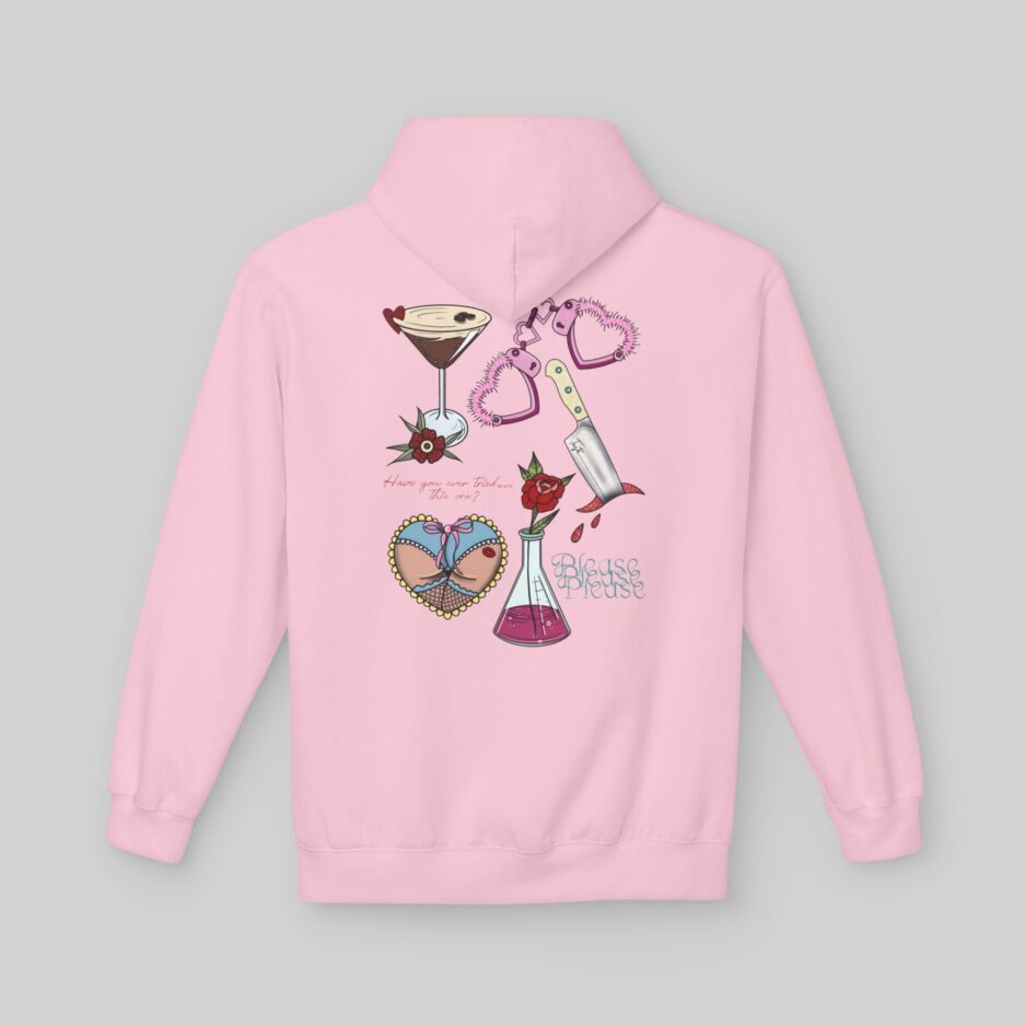 Pink Sabrina Carpenter Valentine's Day Hoodie with graphic designs on the back against a gray background