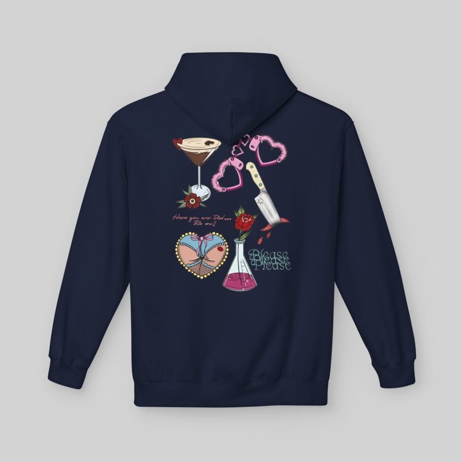 Navy blue Sabrina Carpenter Valentine's Day Hoodie with colorful graphic design on a light gray background