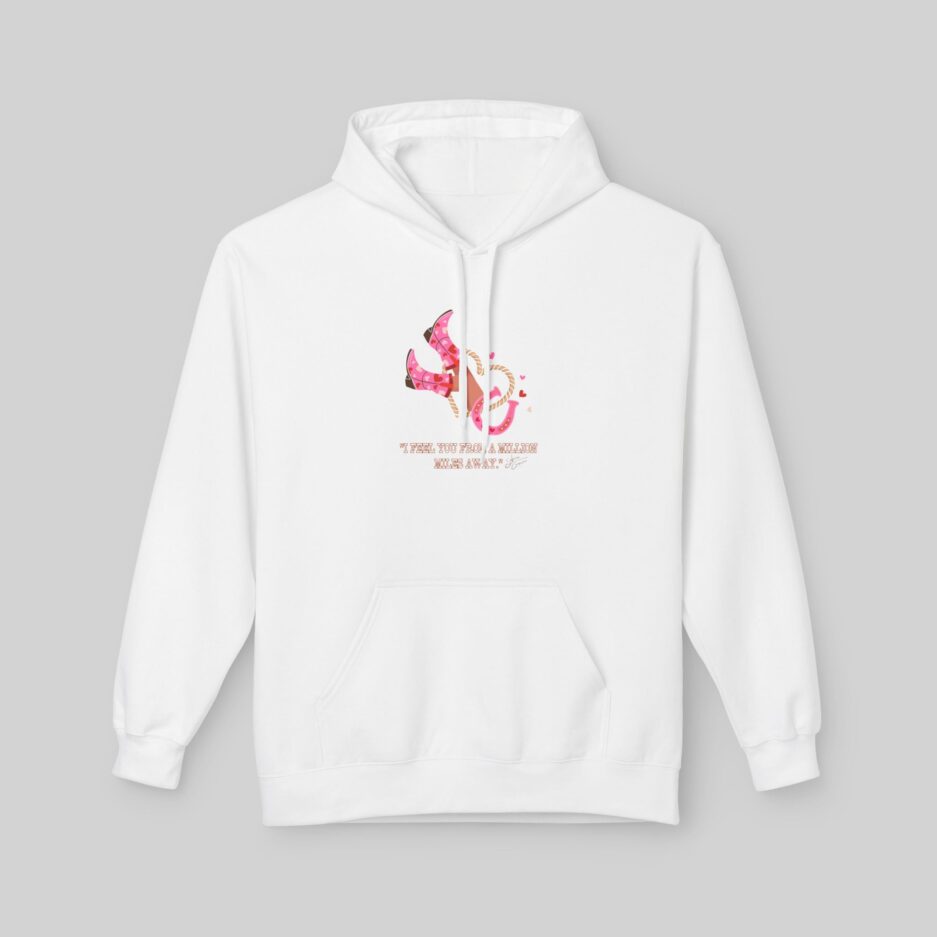 White Sabrina Carpenter Valentine's Day Hoodie with a colorful graphic design on a gray background