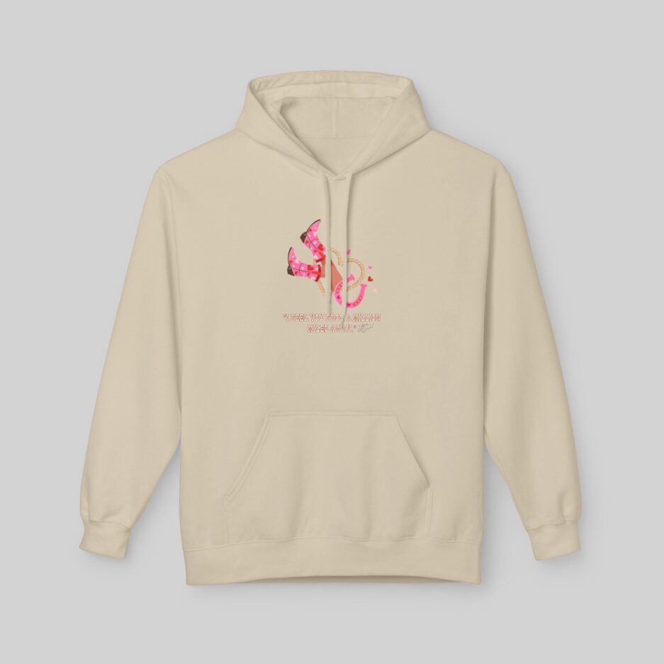 Beige Sabrina Carpenter Valentine's Day Hoodie with a colorful graphic on a light gray background