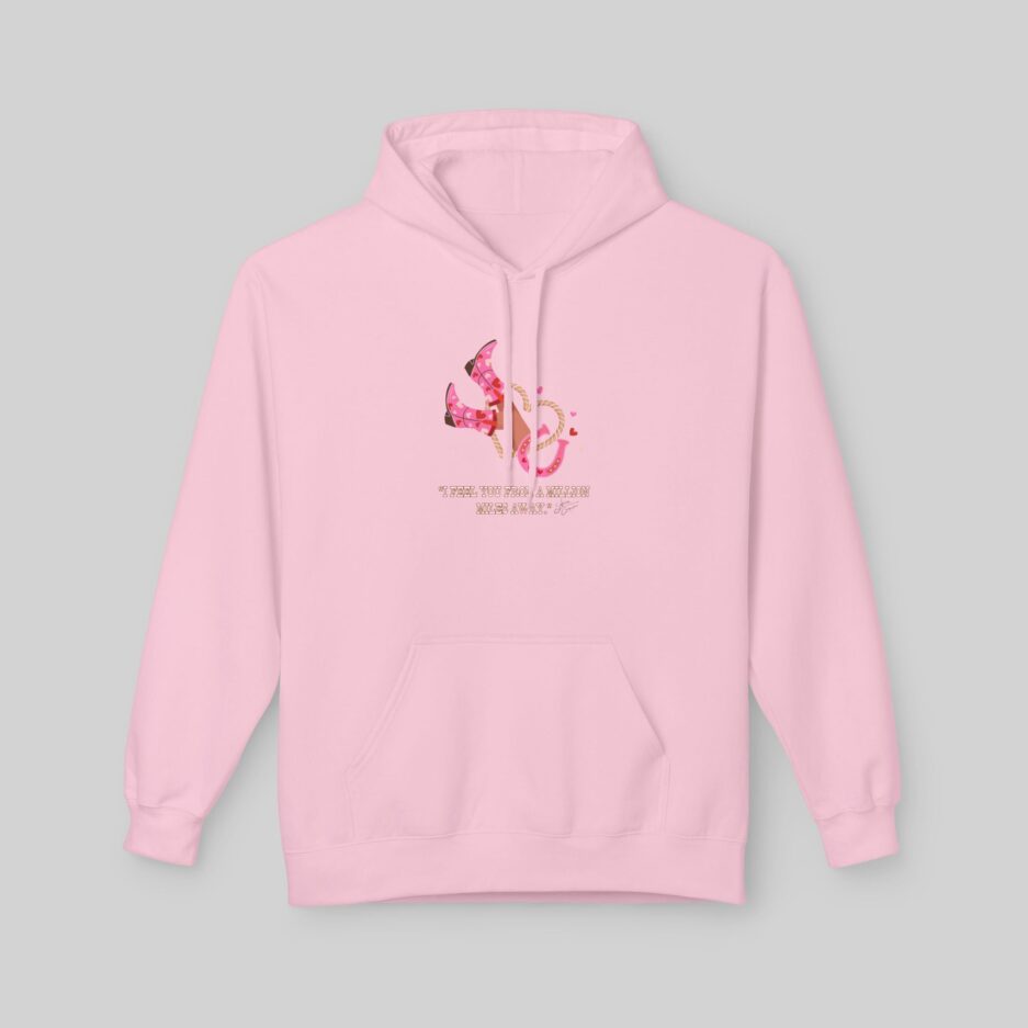 Pink Sabrina Carpenter Valentine's Day Hoodie with a graphic design on a gray background