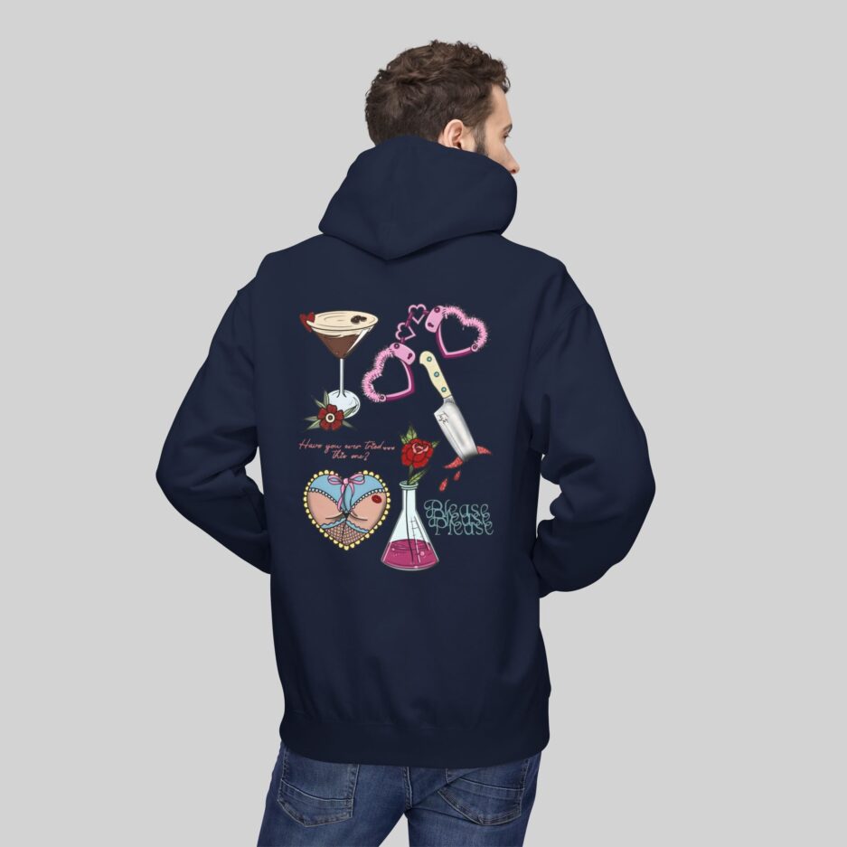 Navy blue Sabrina Carpenter Valentine's Day Hoodie with colorful graphic design on the back, worn by a person.